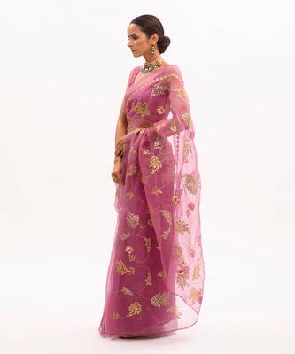 Lilac Hand Embroidered Jaal Saree Set 3