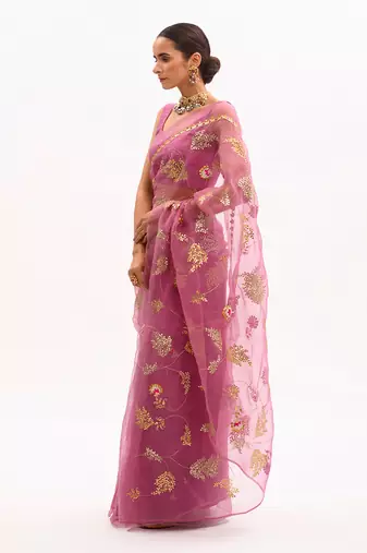Lilac Hand Embroidered Jaal Saree Set
