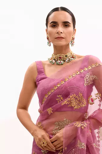 Lilac Hand Embroidered Jaal Saree Set