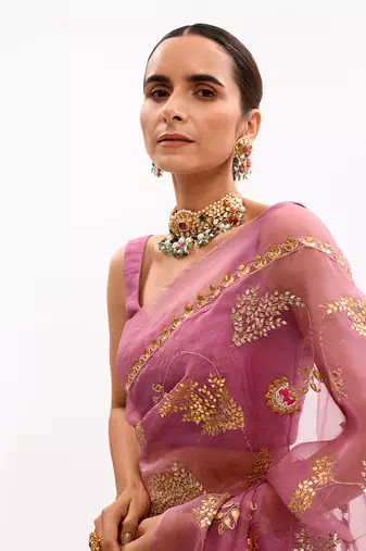 Lilac Hand Embroidered Jaal Saree Set