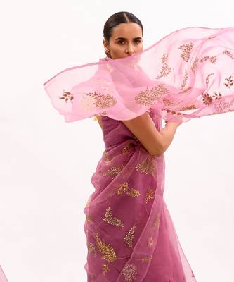 Lilac Hand Embroidered Jaal Saree Set 6