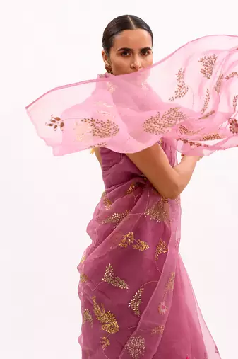 Lilac Hand Embroidered Jaal Saree Set