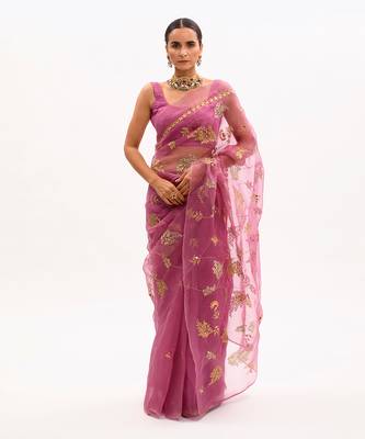 Lilac Hand Embroidered Jaal Saree Set 9