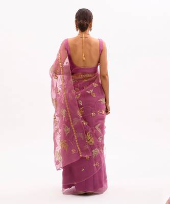 Lilac Hand Embroidered Jaal Saree Set 10