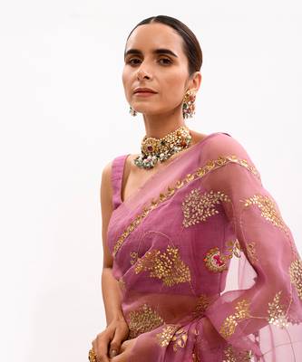 Lilac Hand Embroidered Jaal Saree Set 13
