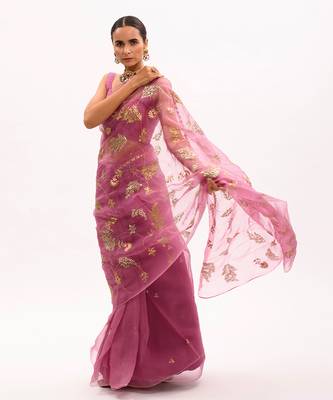 Lilac Hand Embroidered Jaal Saree Set 15