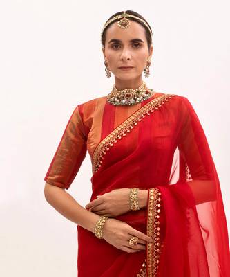 Red Gota Patti Border Saree Set 5