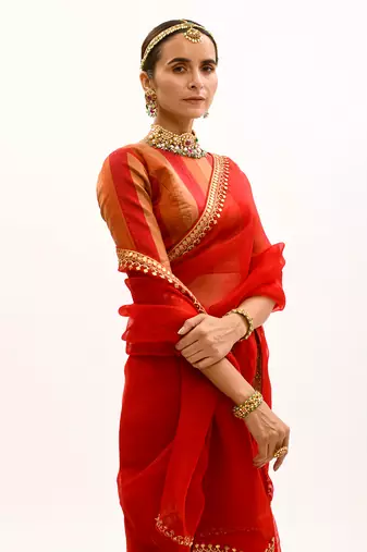 Red Gota Patti Border Saree Set