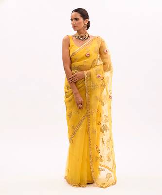 Yellow Hand Embroidered Gota Patti Jaal Saree Set 1