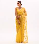 Yellow Hand Embroidered Gota Patti Jaal Saree Set
