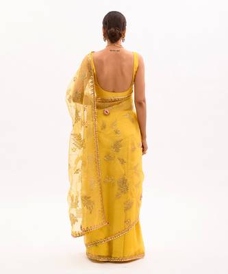 Yellow Hand Embroidered Gota Patti Jaal Saree Set 2