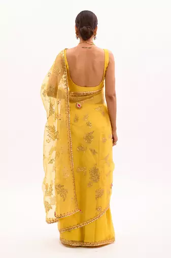 Yellow Hand Embroidered Gota Patti Jaal Saree Set