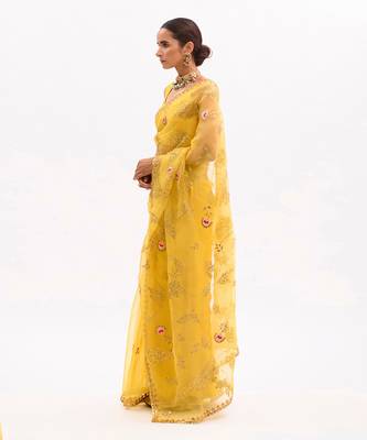 Yellow Hand Embroidered Gota Patti Jaal Saree Set 3