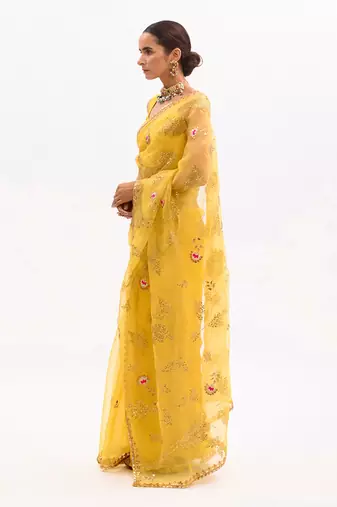 Yellow Hand Embroidered Gota Patti Jaal Saree Set