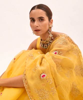 Yellow Hand Embroidered Gota Patti Jaal Saree Set 4