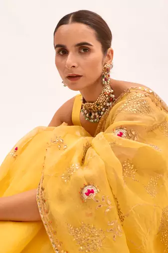 Yellow Hand Embroidered Gota Patti Jaal Saree Set