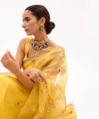 Yellow Hand Embroidered Gota Patti Jaal Saree Set 5