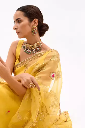 Yellow Hand Embroidered Gota Patti Jaal Saree Set