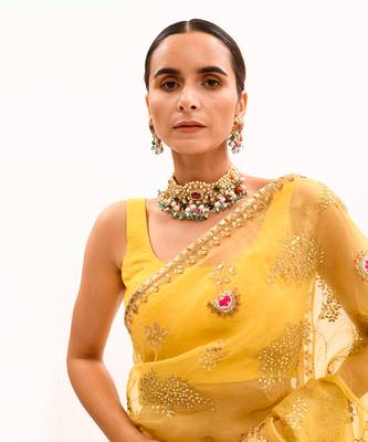 Yellow Hand Embroidered Gota Patti Jaal Saree Set 6