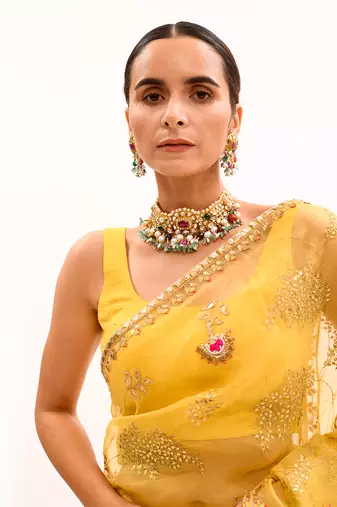 Yellow Hand Embroidered Gota Patti Jaal Saree Set