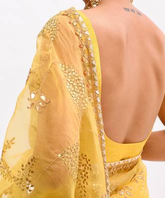 Yellow Hand Embroidered Gota Patti Jaal Saree Set 7