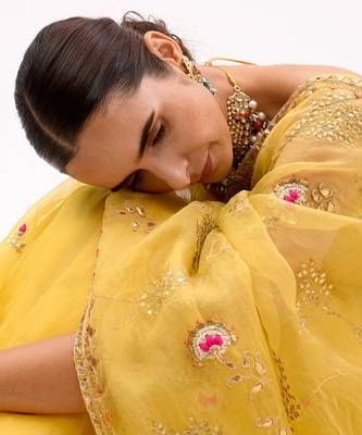 Yellow Hand Embroidered Gota Patti Jaal Saree Set 8