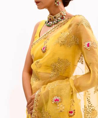 Yellow Hand Embroidered Gota Patti Jaal Saree Set 10