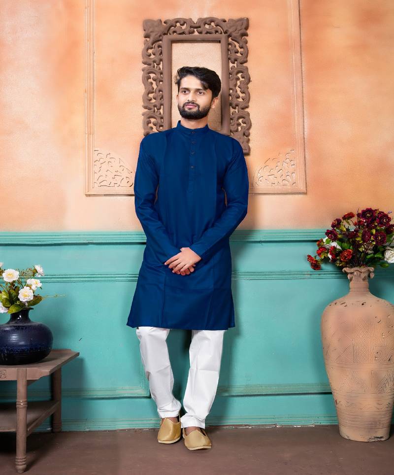 Navy Blue Pure Cotton Traditional Wear Plain Mens Kurta Pajama