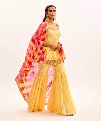 Yellow Hand Embroidered Silk Sharara Set 1