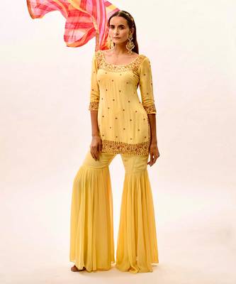 Yellow Hand Embroidered Silk Sharara Set 2