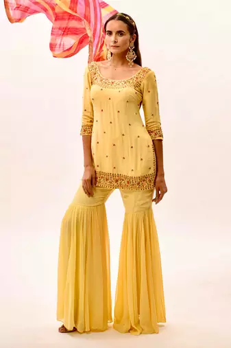 Yellow Hand Embroidered Silk Sharara Set