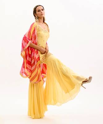 Yellow Hand Embroidered Silk Sharara Set 3