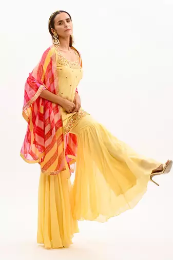 Yellow Hand Embroidered Silk Sharara Set