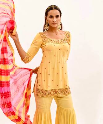 Yellow Hand Embroidered Silk Sharara Set 4