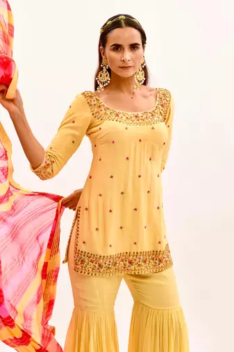 Yellow Hand Embroidered Silk Sharara Set