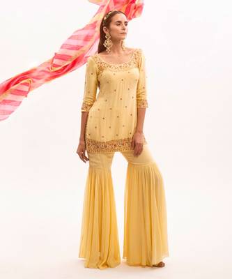 Yellow Hand Embroidered Silk Sharara Set 6