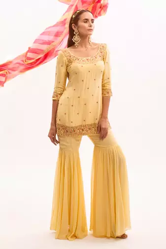 Yellow Hand Embroidered Silk Sharara Set