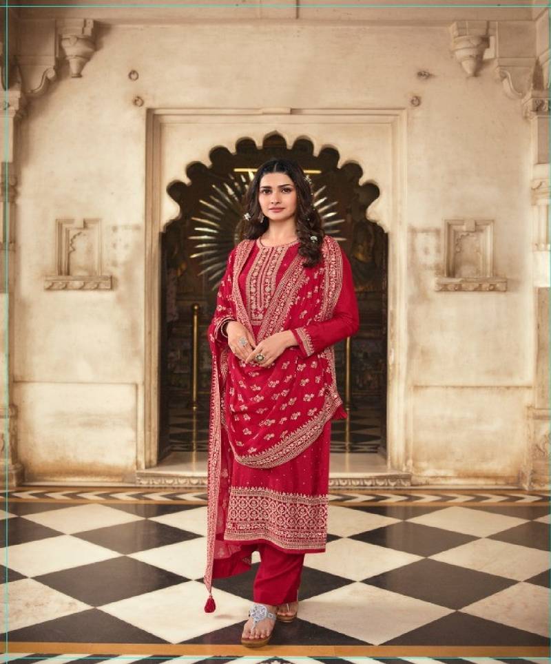 red embroidery georget silk semistitch straight suits palazzo salwar suits