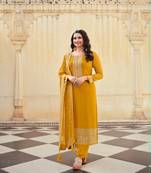 Yellow embroidery georget silk semistitch straight suits palazzo salwar suits