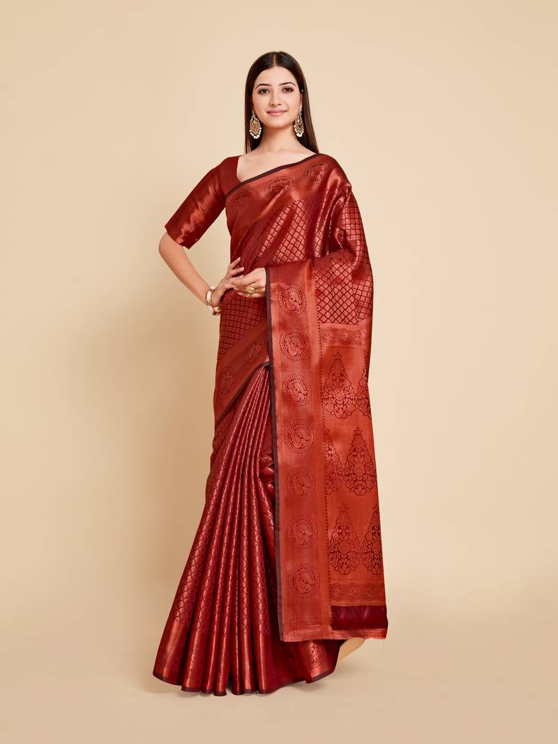 Cotton Silk Saree - Ashbrown x Maroon main image 1
