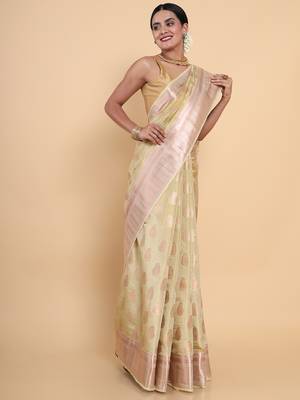 Beige woven art silk saree with blouse 2