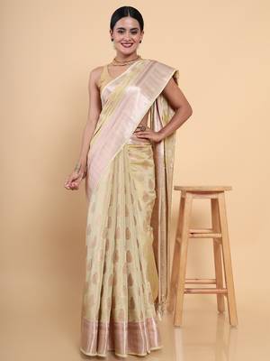 Beige woven art silk saree with blouse 3