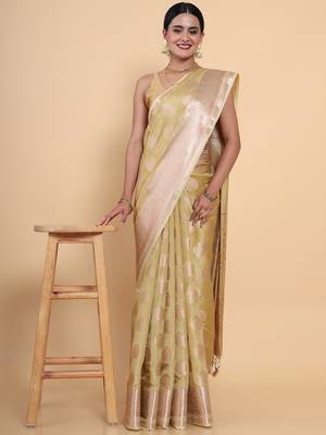 Beige woven art silk saree with blouse 3