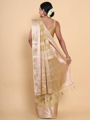 Beige woven art silk saree with blouse 4