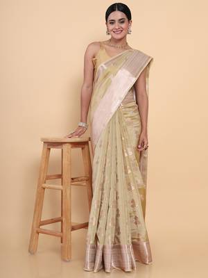 Beige woven art silk saree with blouse 2