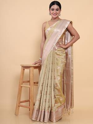 Beige woven art silk saree with blouse 3