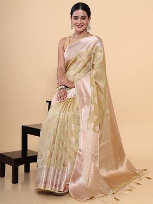 Beige woven art silk saree with blouse 3
