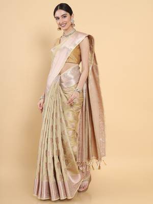 Beige woven art silk saree with blouse 2
