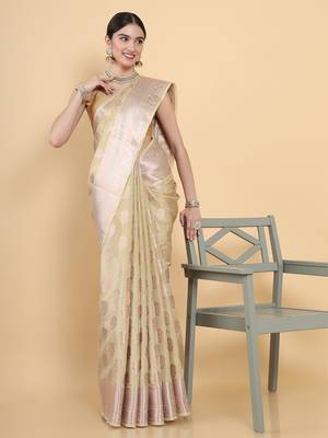 Beige woven art silk saree with blouse 3