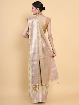 Beige woven art silk saree with blouse 4